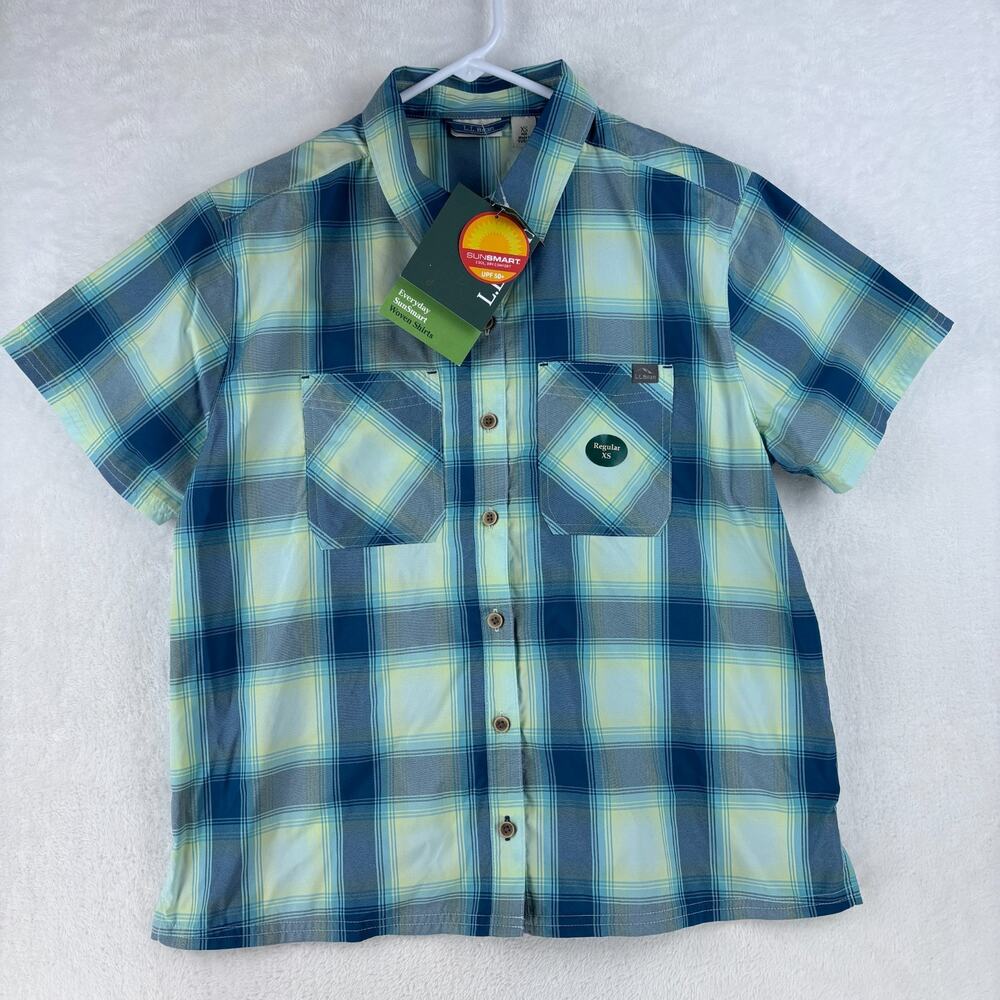 LL Bean SunSmart UPF 50+ Active Plaid Short Sleeve Shirt Womens XL Blue NWT